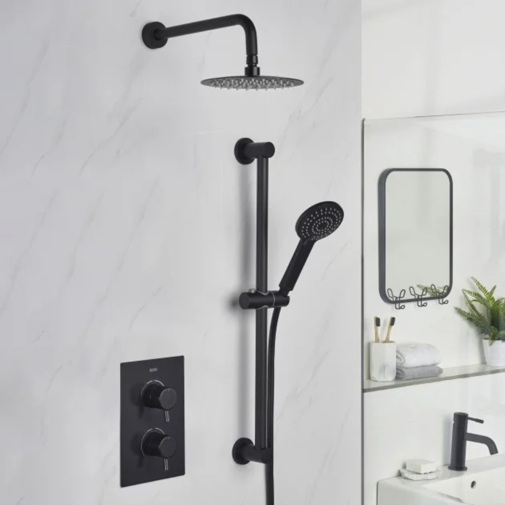 Lifestyle image of the Bristan Prism Black Dual Outlet Thermostatic Shower Pack